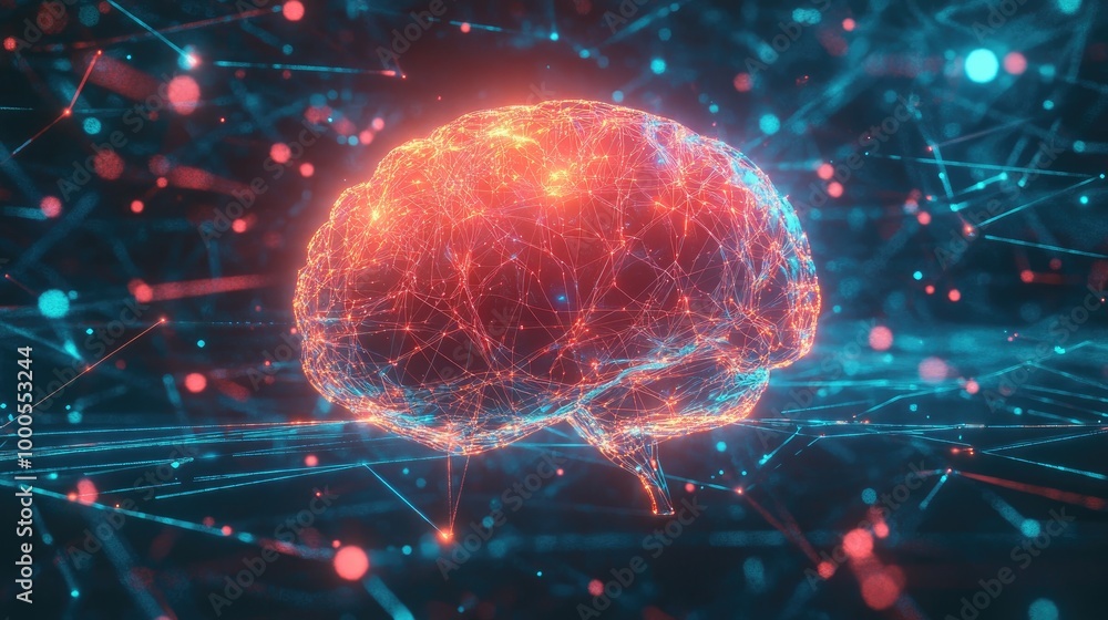 Abstract digital artwork of a brain surrounded by digital connections, symbolizing mental connectivity and technology Abstract digital artwork of a brain surrounded by digital connections, symbolizing mental connectivity and technology