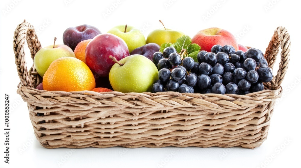 A woven basket filled with assorted fresh fruits including apples, grapes, oranges, and plums. A woven basket filled with assorted fresh fruits including apples, grapes, oranges, and plums.