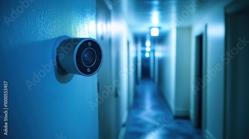 A surveillance camera mounted on a wall in a dimly lit hallway.