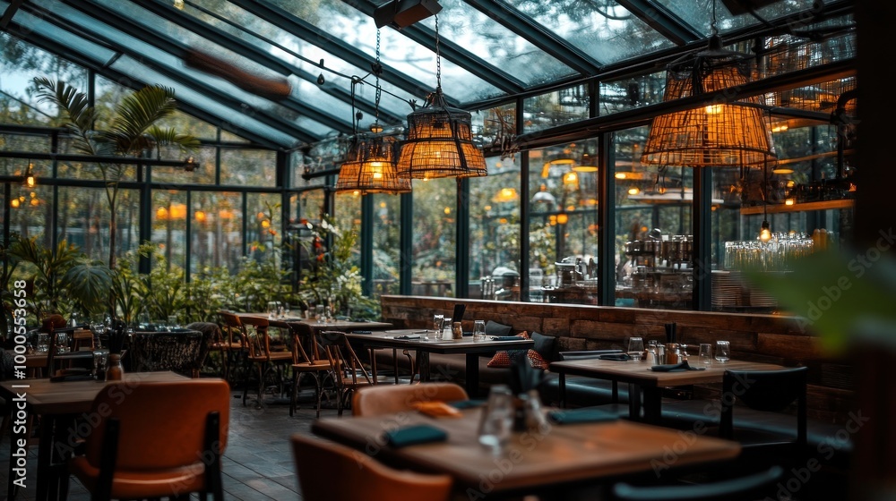 A cozy restaurant interior with glass walls, warm lighting, and lush greenery. A cozy restaurant interior with glass walls, warm lighting, and lush greenery.