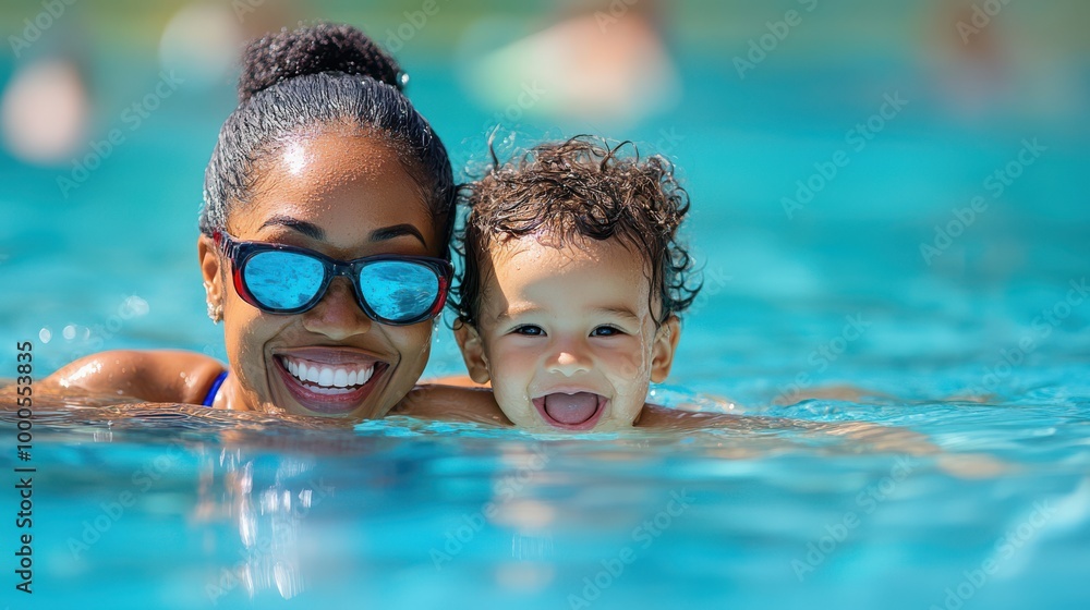 Happy Mother and Daughter Swimming in Pool Together Happy Mother and Daughter Swimming in Pool Together