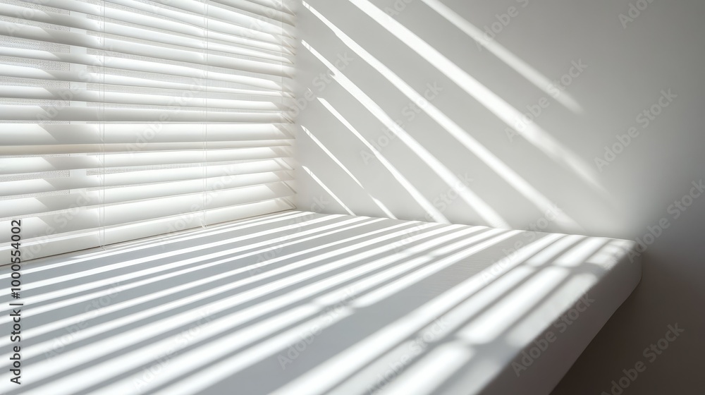 Obraz premium Clean white wall background with sunlight shining through blinds, creating striped shadow patterns