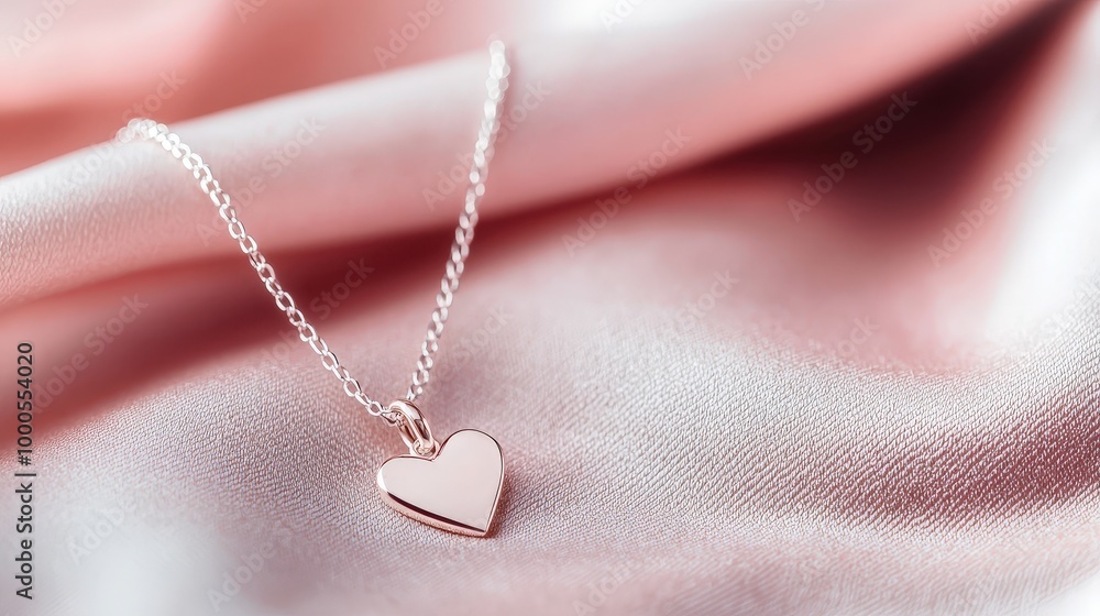 Elegant Heart Necklace on Soft Pink Fabric Background Elegant Heart Necklace on Soft Pink Fabric Background