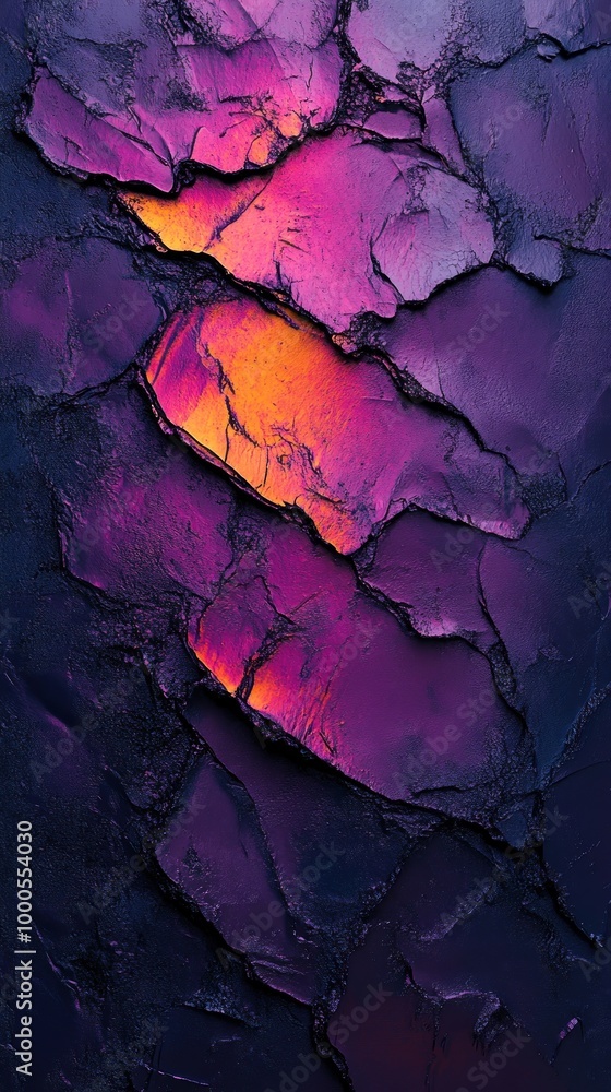 Fototapeta premium A vibrant abstract texture with purple and orange hues resembling cracked surfaces.