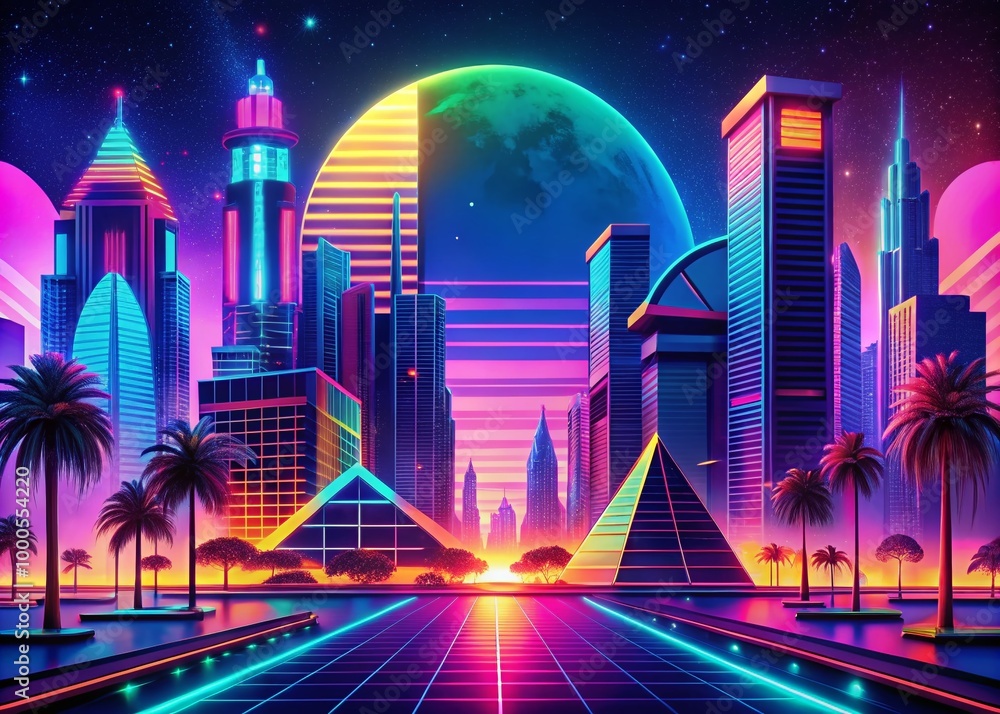 Vibrant Future Funk Aesthetic with Neon Colors, Retro Patterns, and Futuristic Urban Elements Vibrant Future Funk Aesthetic with Neon Colors, Retro Patterns, and Futuristic Urban Elements