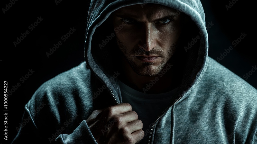 Mysterious man in a gray hoodie, partially visible in the dark, gripping his jacket, with a serious look and defined muscles. Mysterious man in a gray hoodie, partially visible in the dark, gripping his jacket, with a serious look and defined muscles.