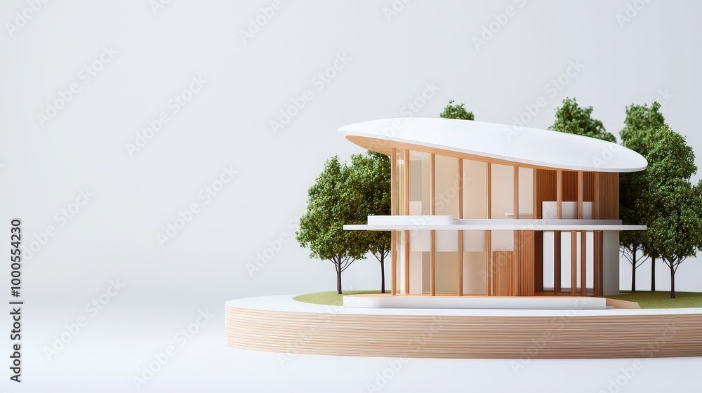 Modern Architecture Model with Curved Roof and Trees 3D Render Modern Architecture Model with Curved Roof and Trees 3D Render
