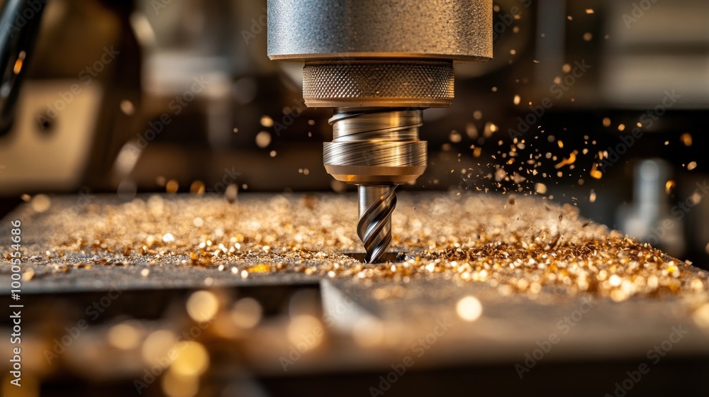 A close-up of a milling machine in action, producing metal shavings. A close-up of a milling machine in action, producing metal shavings.