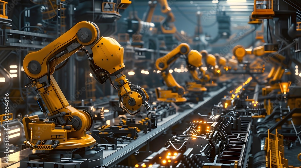 A futuristic industrial scene showcasing robotic arms working on an assembly line in a high-tech factory. A futuristic industrial scene showcasing robotic arms working on an assembly line in a high-tech factory.