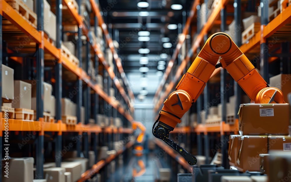 Automation in modern warehouse with robotic arm managing boxes on shelves, showcasing efficiency and technology in logistics. Automation in modern warehouse with robotic arm managing boxes on shelves, showcasing efficiency and technology in logistics.