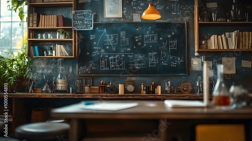 A cluttered classroom with a chalkboard filled with equations, surrounded by books, plants, and lab equipment, creating an educational atmosphere.