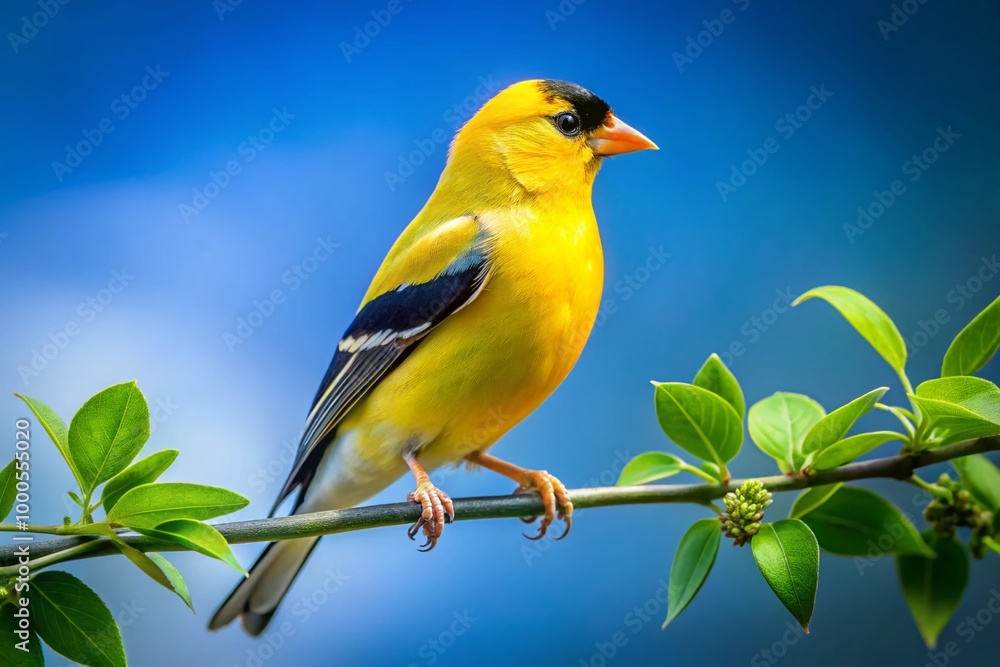 Vibrant Golden Finch Bird Perched on a Branch in Lush Greenery Against a Soft Blue Sky Background Vibrant Golden Finch Bird Perched on a Branch in Lush Greenery Against a Soft Blue Sky Background