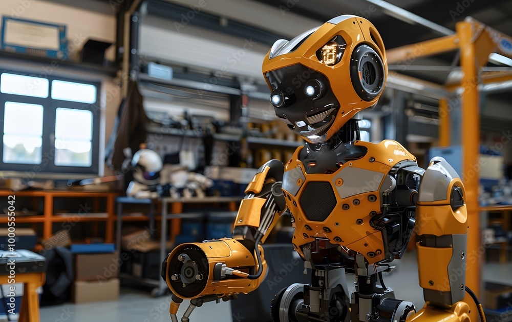 Fototapeta premium A lively orange robot stands in an industrial setting, showcasing advanced technology and a friendly design.