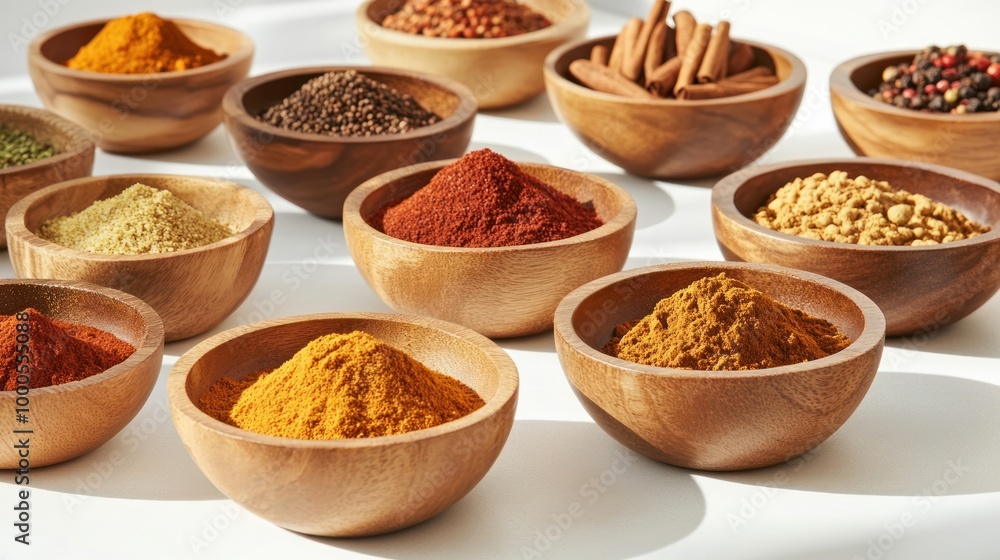 A collection of various spices displayed in wooden bowls, highlighting culinary diversity. A collection of various spices displayed in wooden bowls, highlighting culinary diversity.