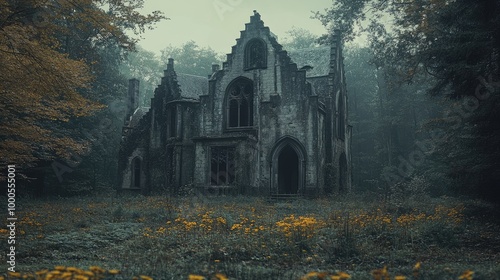 Eerie silence: abandoned, ancient castle standing in desolate gloom, its crumbling walls, dark corridors filled with haunting echoes of forgotten stories, mysterious shadows. photo