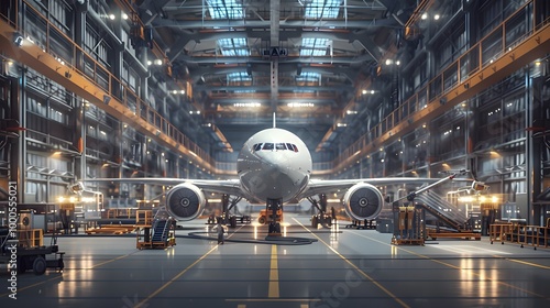 A modern aircraft in a spacious hangar, showcasing the intricacies of aviation maintenance and engineering in a high-tech environment.