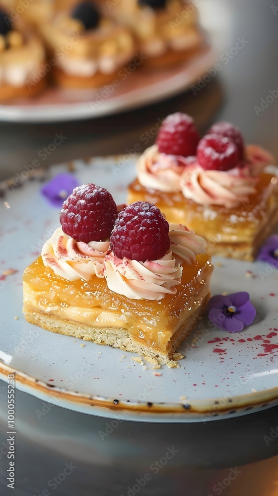 A delectable dessert featuring layered cake topped with raspberry frosting, fresh raspberries, and decorative flowers on a stylish plate. A delectable dessert featuring layered cake topped with raspberry frosting, fresh raspberries, and decorative flowers on a stylish plate.