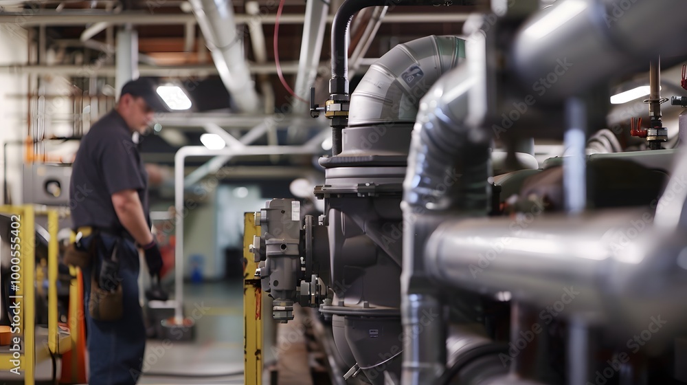 An industrial worker monitors machinery in a factory setting, showcasing a focus on safety and efficiency in operations. An industrial worker monitors machinery in a factory setting, showcasing a focus on safety and efficiency in operations.