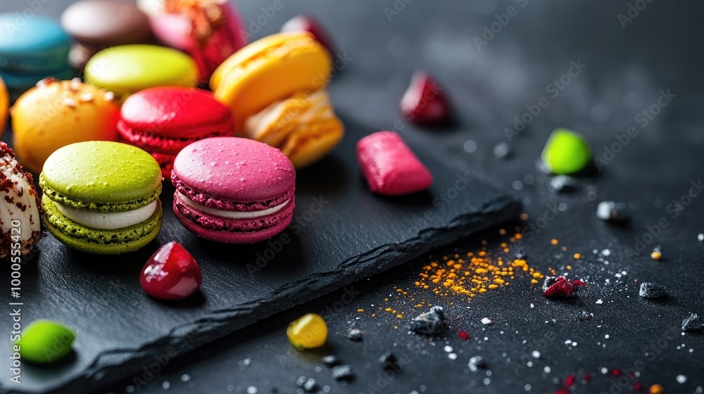 Dark slate plate with an array of colorful macarons and pastries, creating a stylish dessert display Dark slate plate with an array of colorful macarons and pastries, creating a stylish dessert display
