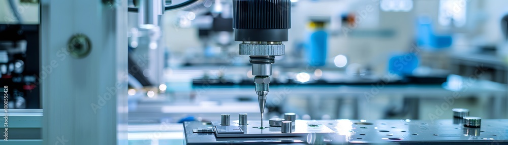 Close-up of a precision drill in a modern manufacturing facility. Ideal for showcasing advanced technology in engineering. Close-up of a precision drill in a modern manufacturing facility. Ideal for showcasing advanced technology in engineering.