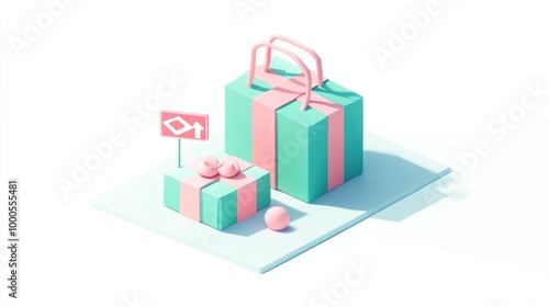 A colorful 3D illustration of gift boxes with ribbons and decorations.