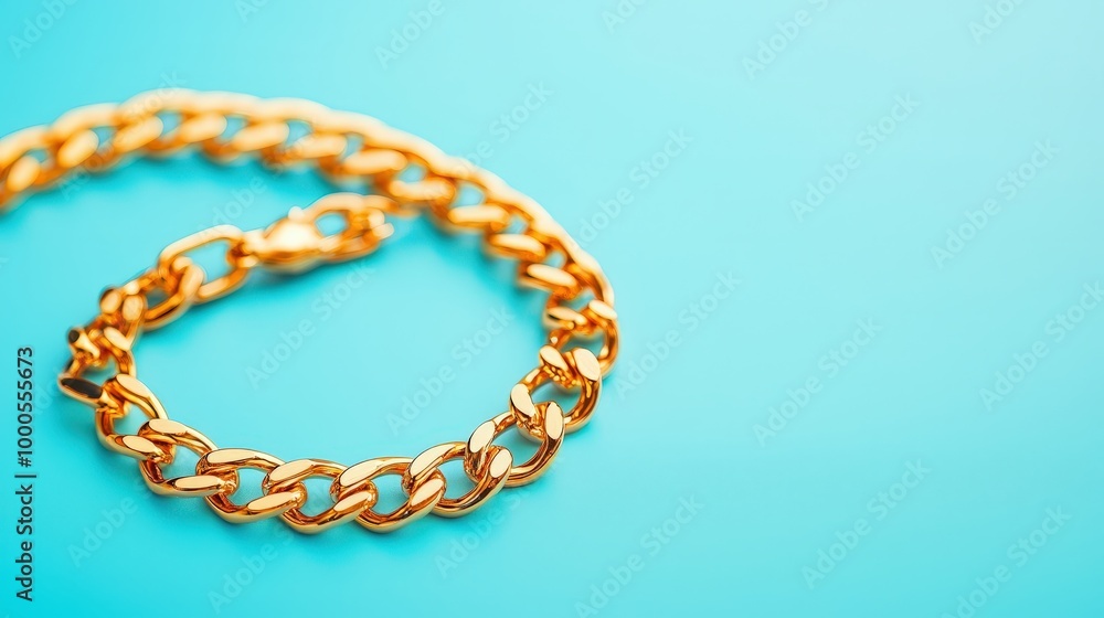 Elegant Gold Chain Bracelet on Blue Background Elegant Gold Chain Bracelet on Blue Background