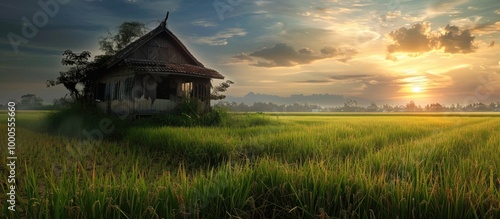 Abandoned Wooden House In Middle Of Paddy Field With A Afternoon Sky In The Background