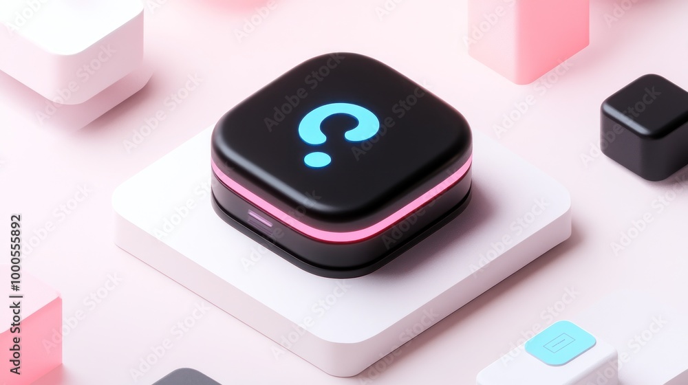A sleek black device with a glowing question mark, surrounded by geometric shapes. A sleek black device with a glowing question mark, surrounded by geometric shapes.