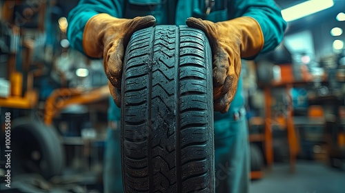 Closeup of a Mechanic Holding a Worn Car Tire