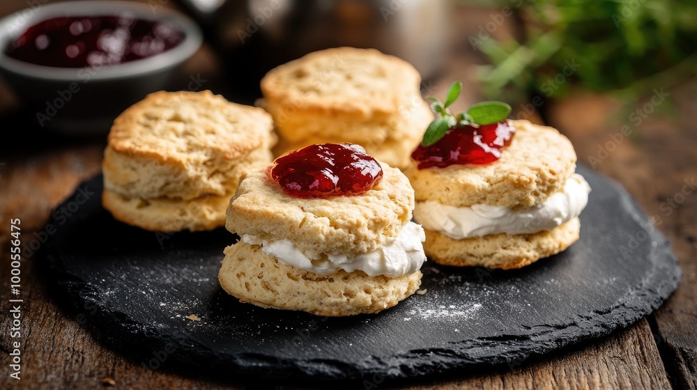 Freshly baked scones served with clotted cream and jam on a dark slate plate, creating a classic afternoon tea scene Freshly baked scones served with clotted cream and jam on a dark slate plate, creating a classic afternoon tea scene