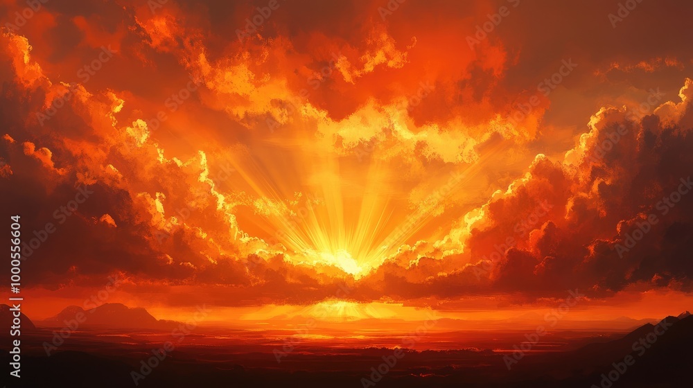 Glowing golden sky with fiery clouds and sunbeams streaming through at dusk, casting a warm light over the landscape Glowing golden sky with fiery clouds and sunbeams streaming through at dusk, casting a warm light over the landscape