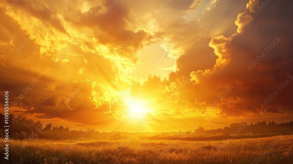 Glowing golden sky with fiery clouds and sunbeams streaming through at dusk, casting a warm light over the landscape Glowing golden sky with fiery clouds and sunbeams streaming through at dusk, casting a warm light over the landscape