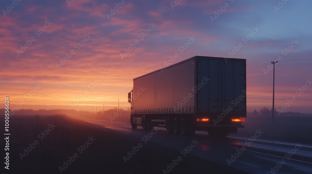 Obraz premium A truck drives along a road at sunset, creating a serene and industrial scene.