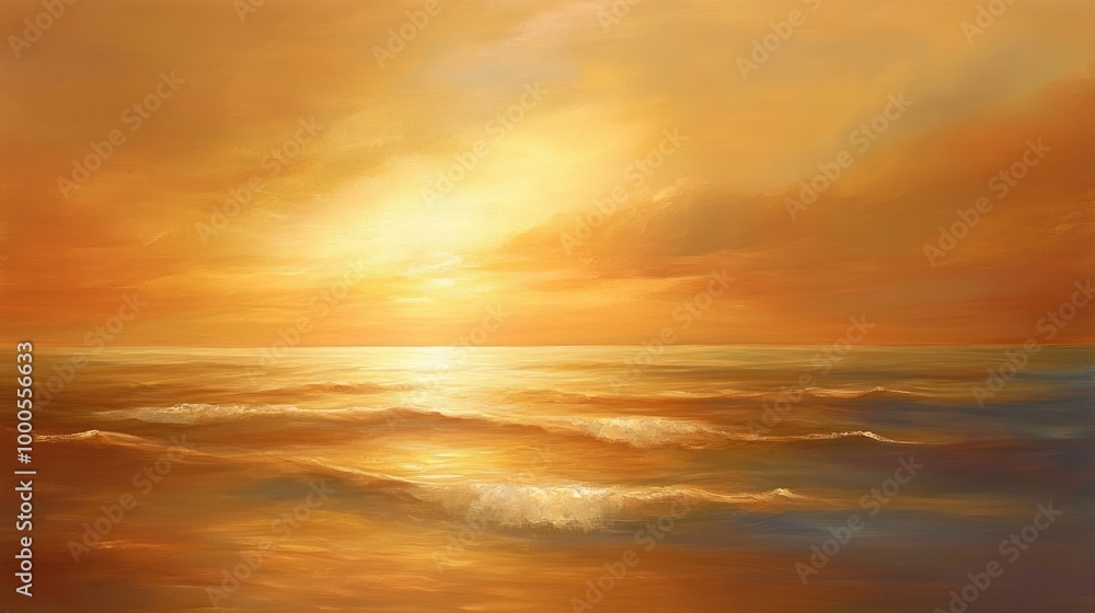 Glowing golden sky with fiery colors at dusk, casting a warm light on a tranquil ocean with gentle waves Glowing golden sky with fiery colors at dusk, casting a warm light on a tranquil ocean with gentle waves