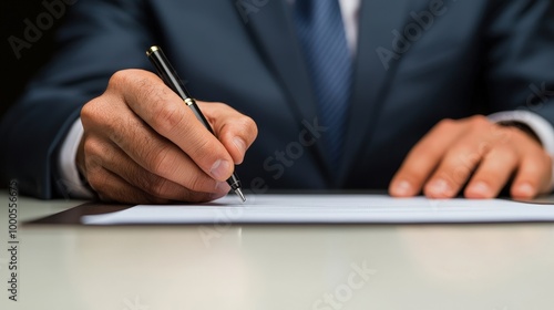 Closeup Hand Signing Contract Business Agreement Deal Signature Pen Desk Corporate