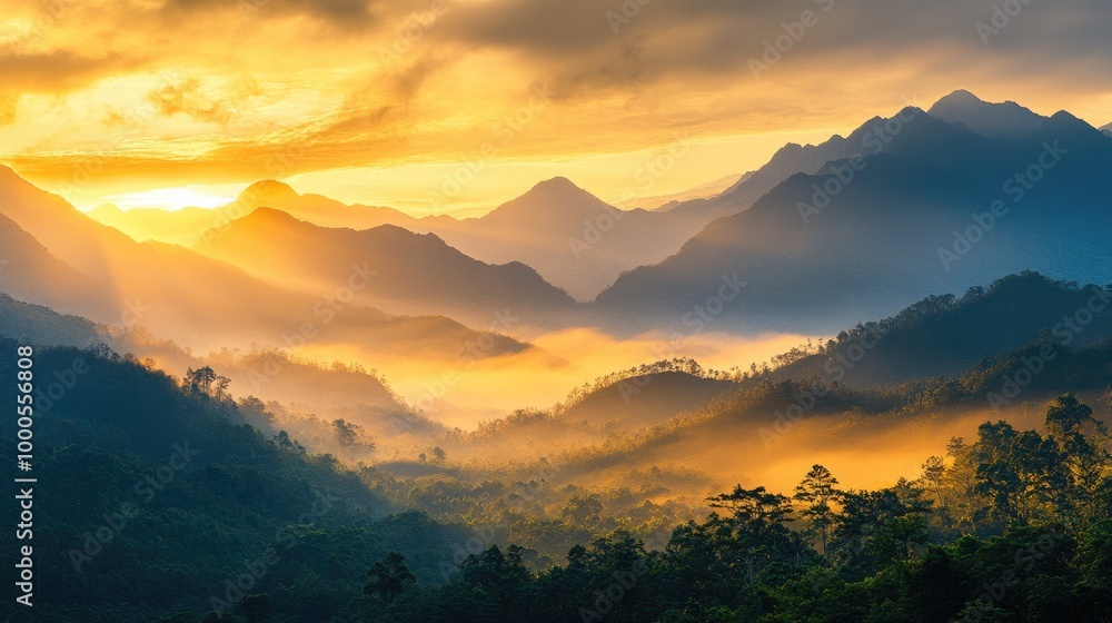 Obraz premium Golden sky at sunrise with mist rolling over a mountain range, offering a serene and peaceful nature scene