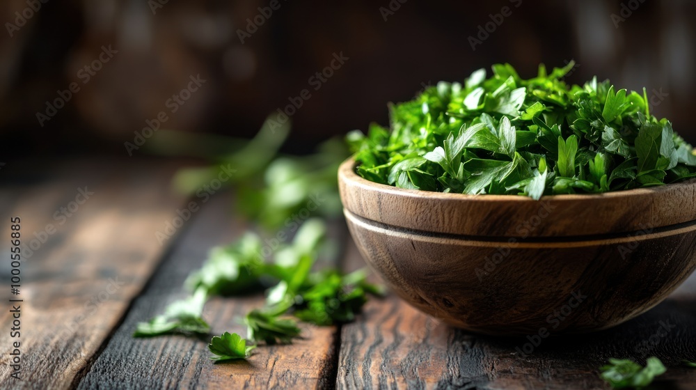 Freshly chopped parsley in a wooden bowl on a rustic table. Freshly chopped parsley in a wooden bowl on a rustic table.