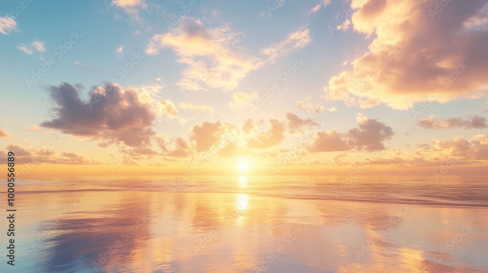 Golden sky at sunrise with soft clouds and reflections on the ocean, creating a serene and picturesque scene Golden sky at sunrise with soft clouds and reflections on the ocean, creating a serene and picturesque scene