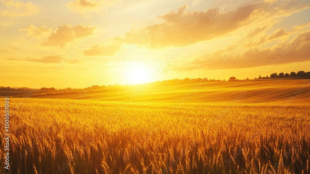 Golden sky over a countryside field at dawn, with golden light casting long shadows and a peaceful morning feel