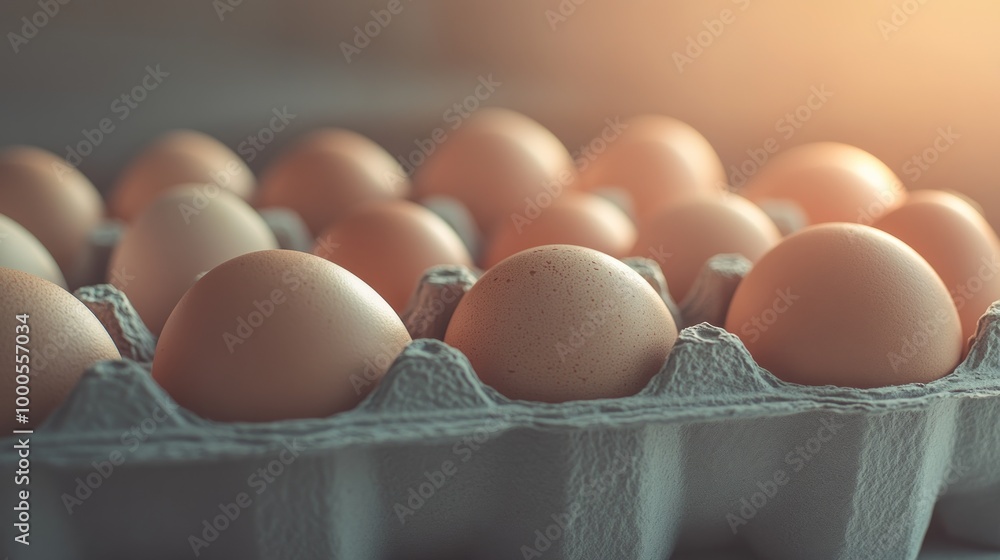 A close-up of a carton filled with brown eggs, illuminated by soft, warm light. A close-up of a carton filled with brown eggs, illuminated by soft, warm light.
