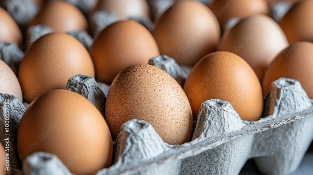 A close-up view of brown eggs arranged in a carton, showcasing their natural texture. A close-up view of brown eggs arranged in a carton, showcasing their natural texture.