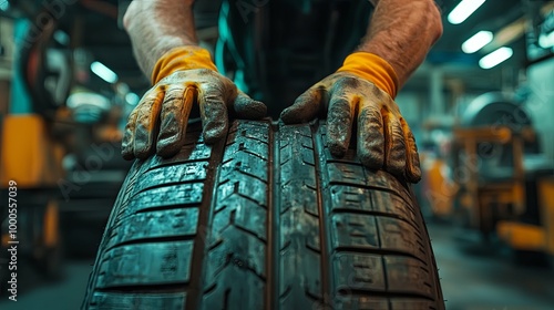 Close-up of a Mechanic's Hands Inspecting a Car Tire