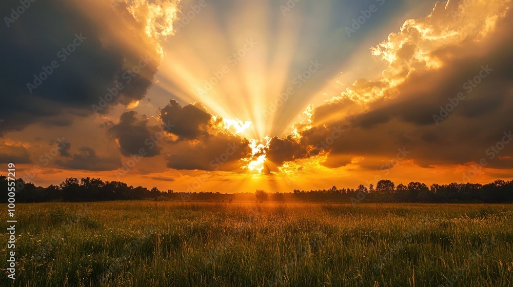 Golden sky with sun rays piercing through clouds at sunset, casting a ...