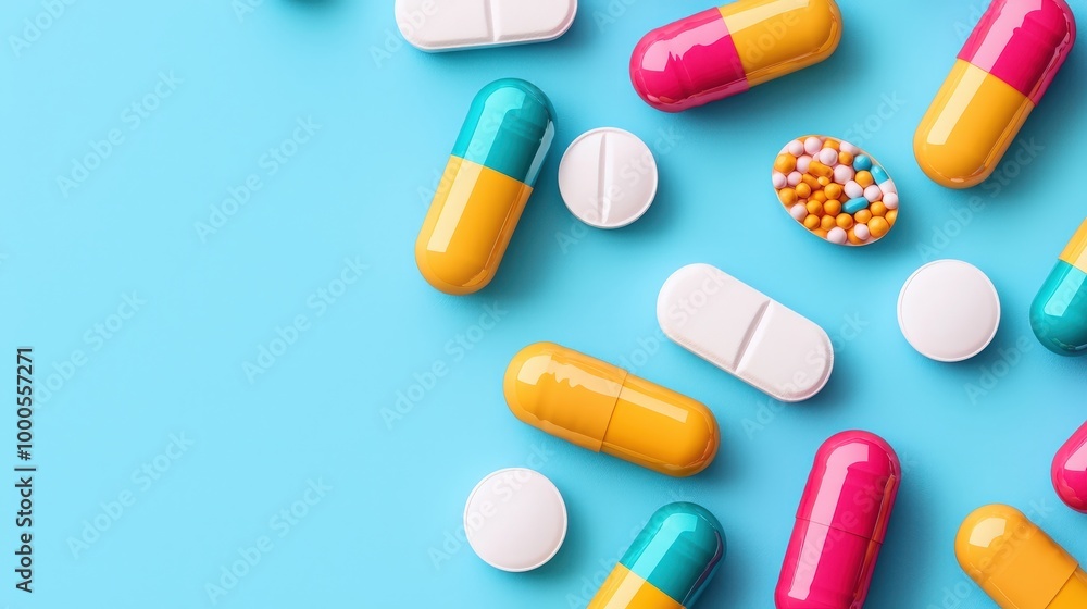 Colorful Pills and Tablets Scattered on Blue Background Pharmacy Medicine Healthcare C Colorful Pills and Tablets Scattered on Blue Background Pharmacy Medicine Healthcare C