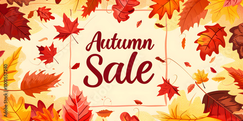 Autumn Sale Banner with Colorful Fall Leaves on Beige Background photo