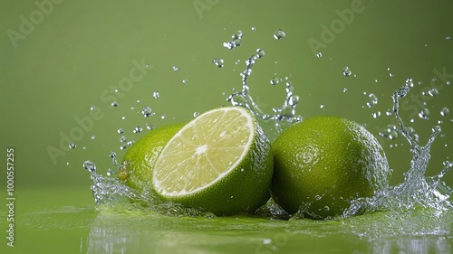 Water splashing on Fresh green lime isolated on green background .generative ai