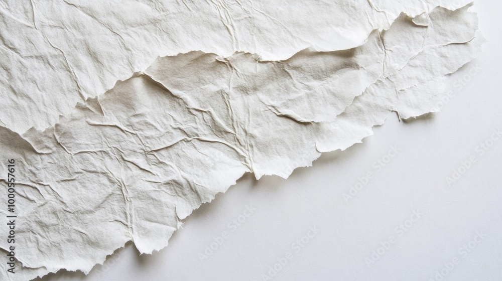 Handmade white paper with uneven texture and natural fibers, showing its organic origin Handmade white paper with uneven texture and natural fibers, showing its organic origin