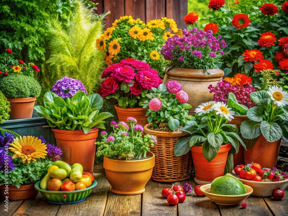 Vibrant Home Gardening Scenes Featuring Lush Plants, Colorful Flowers, and Healthy Vegetables in Pots Vibrant Home Gardening Scenes Featuring Lush Plants, Colorful Flowers, and Healthy Vegetables in Pots