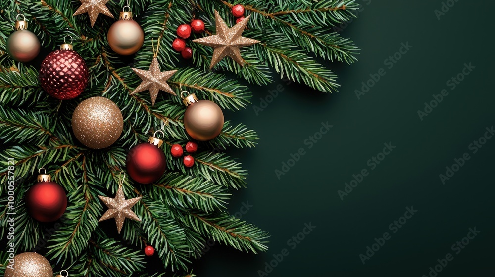 Festive Christmas Tree Branches with Ornaments and Stars on Green Background Festive Christmas Tree Branches with Ornaments and Stars on Green Background