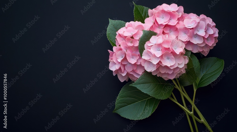 A bouquet of pink hydrangeas against a dark background, showcasing natural beauty. A bouquet of pink hydrangeas against a dark background, showcasing natural beauty.